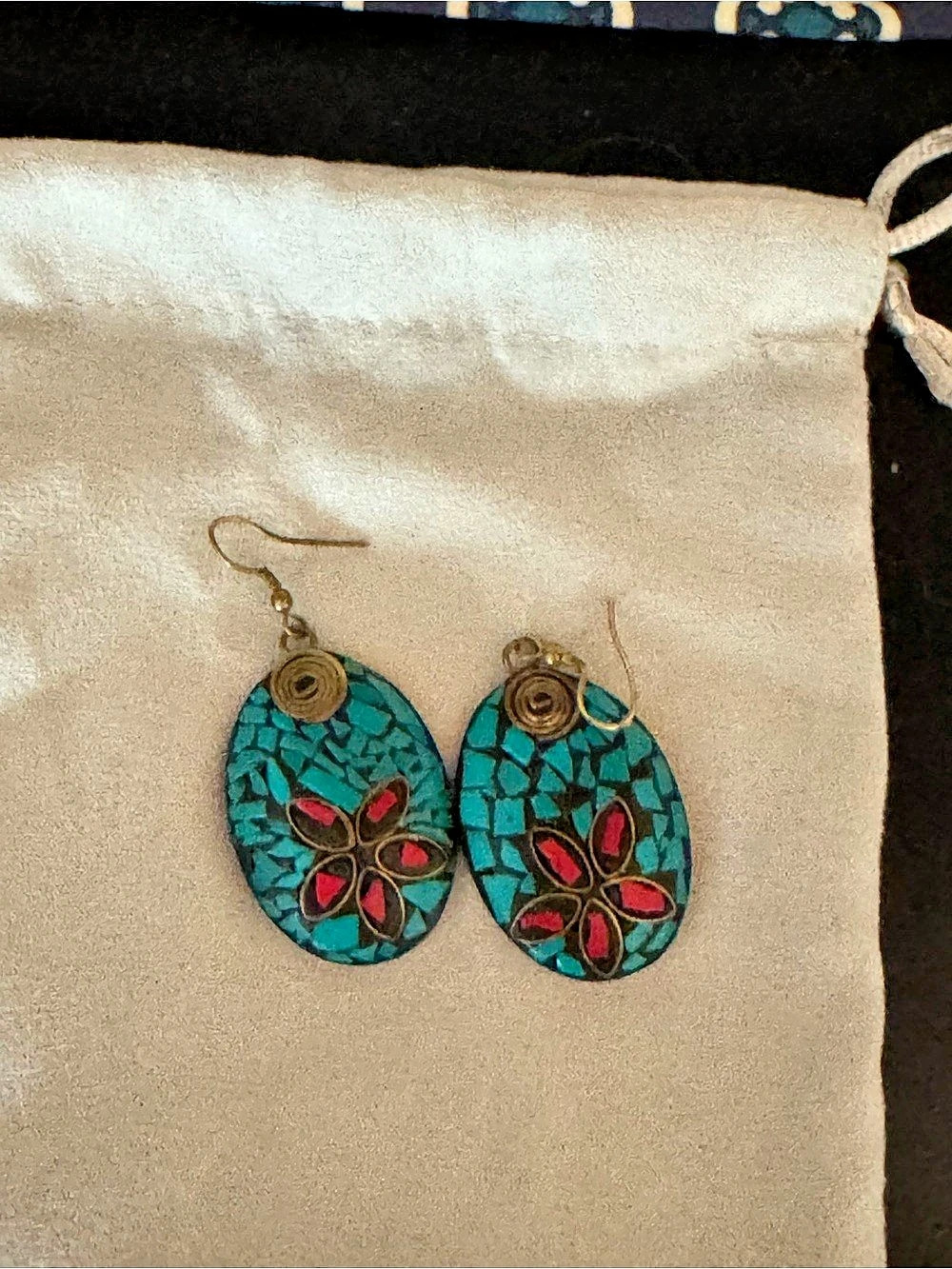 Blue & Red Floral Inlay Earrings Like New